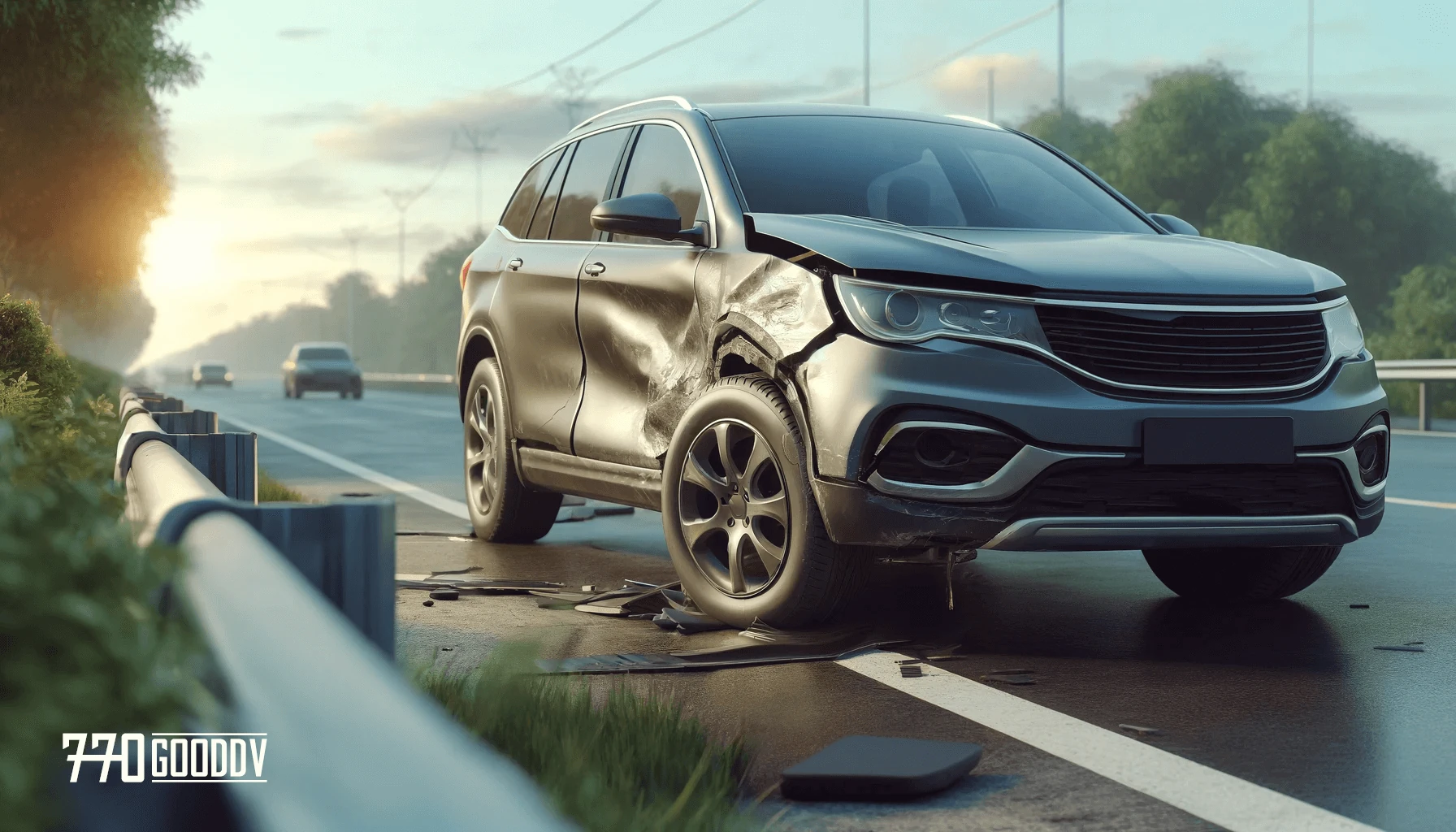 Realistic scene of a car with minor damage parked on a suburban roadside, symbolizing hope and potential for repair post-accident, under a clear sky.