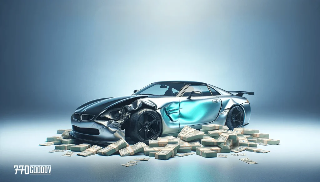 Banner depicting a sleek car with a dent and a pile of cash, symbolizing financial recovery through diminished value claims against a soft blue to white gradient background.