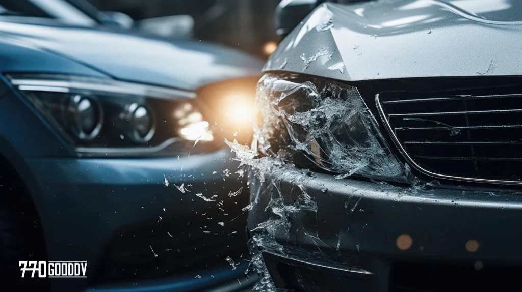 Close-up of a luxury car's front corner with significant damage after a collision, highlighting the concept of diminished value in vehicles.